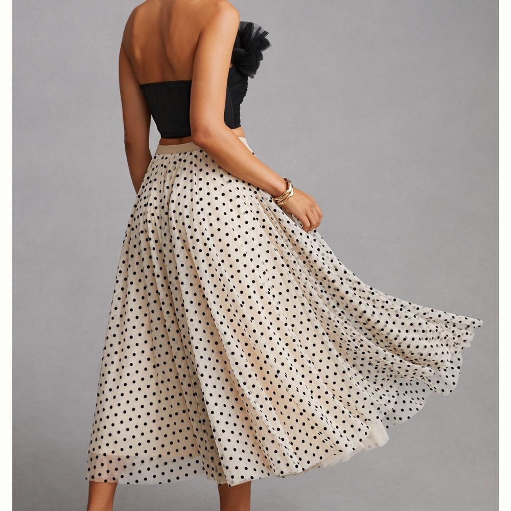 Anthropologie Black and Cream Polka Dot Midi Skirt